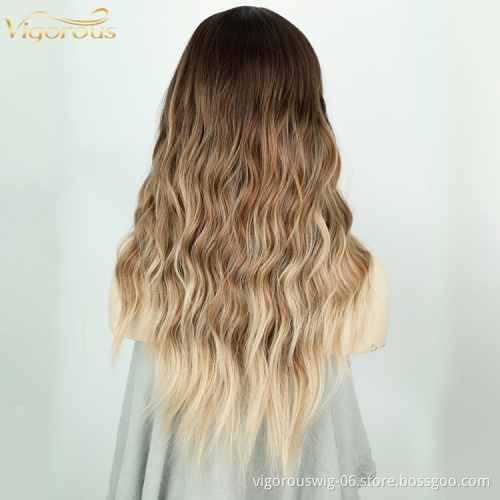 Vigorous Factory Light Brown Ombre Dark Roots Lace Front Wigs Middle Part for Black Women Long Body Wave Straight Wig